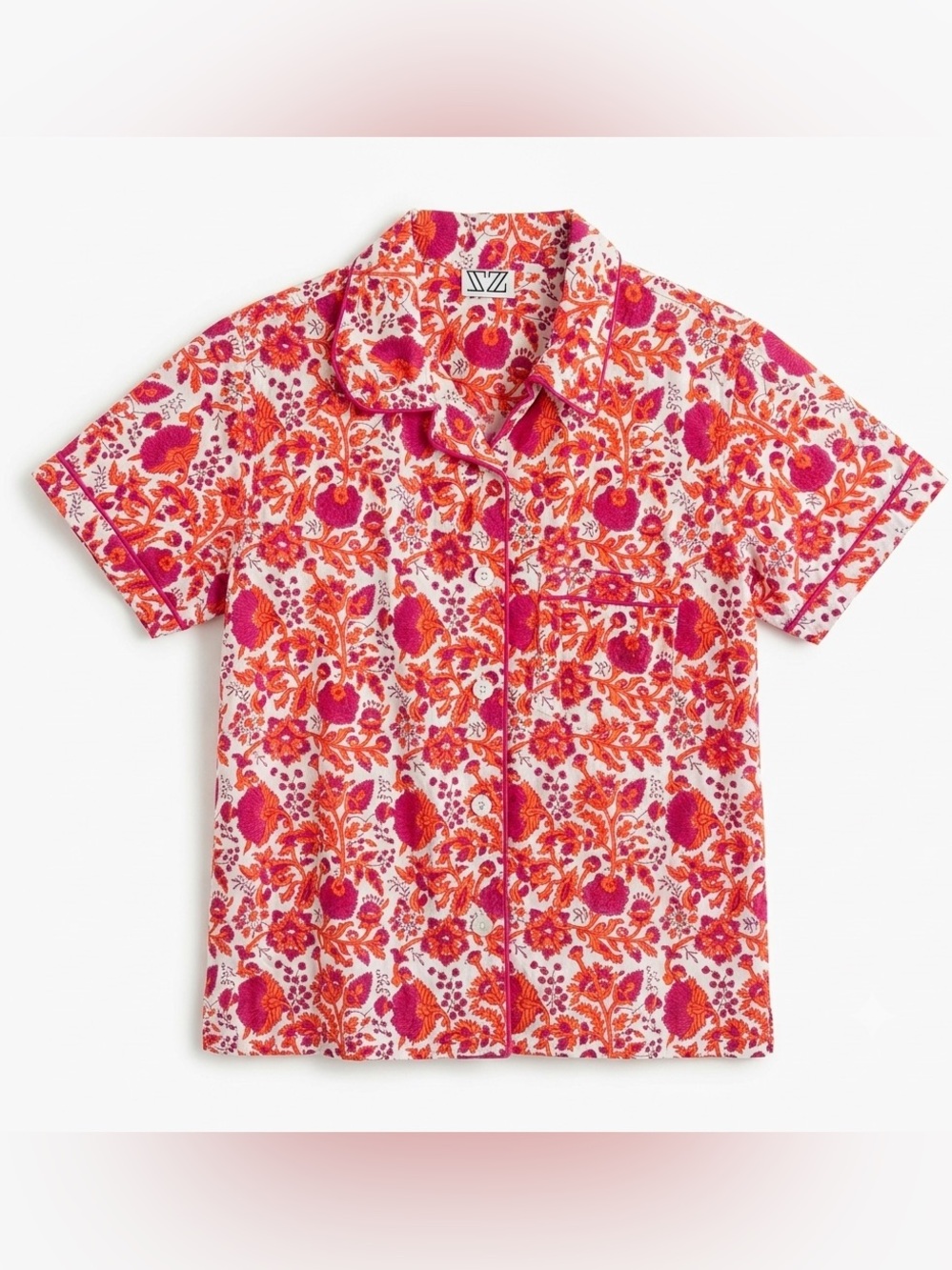 SZ BlockPrint Floral Button-Up Shirt Short Sleeve MEDIUM Neon Orange Pink White